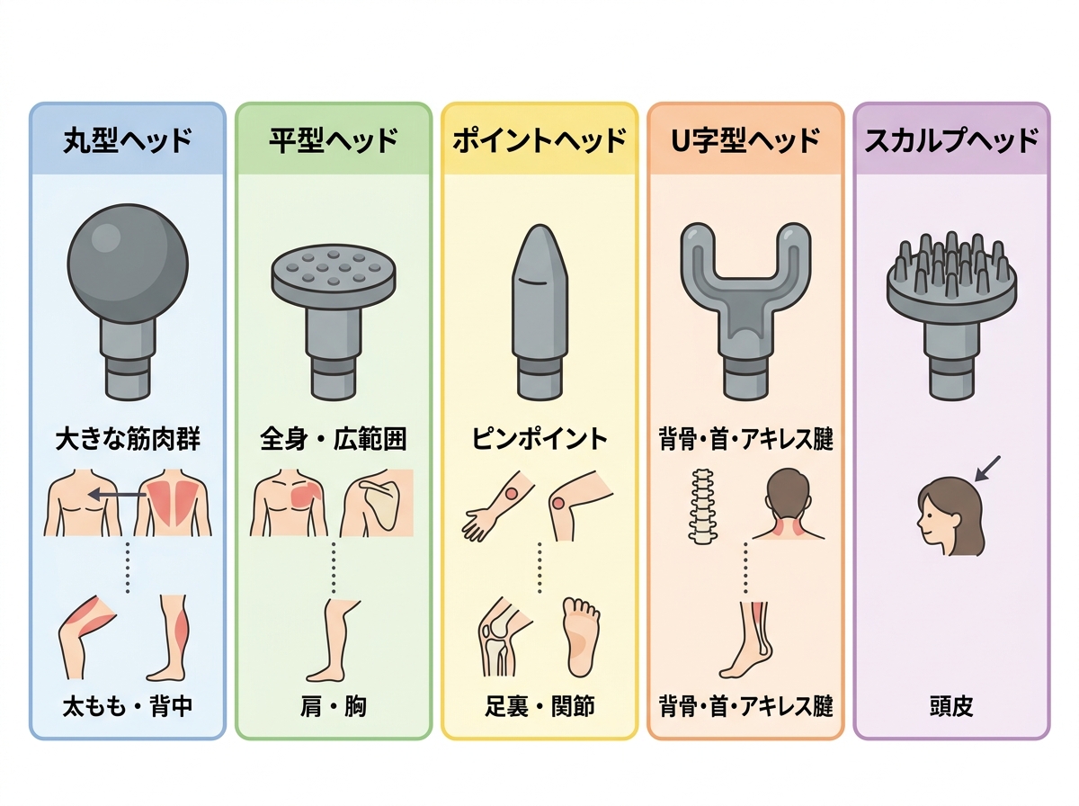 Flat illustration showing 5 massage gun attachment types side by side - round head, flat head, point head, U-shaped head, and scalp head - with icons indicating recommended body areas for each
