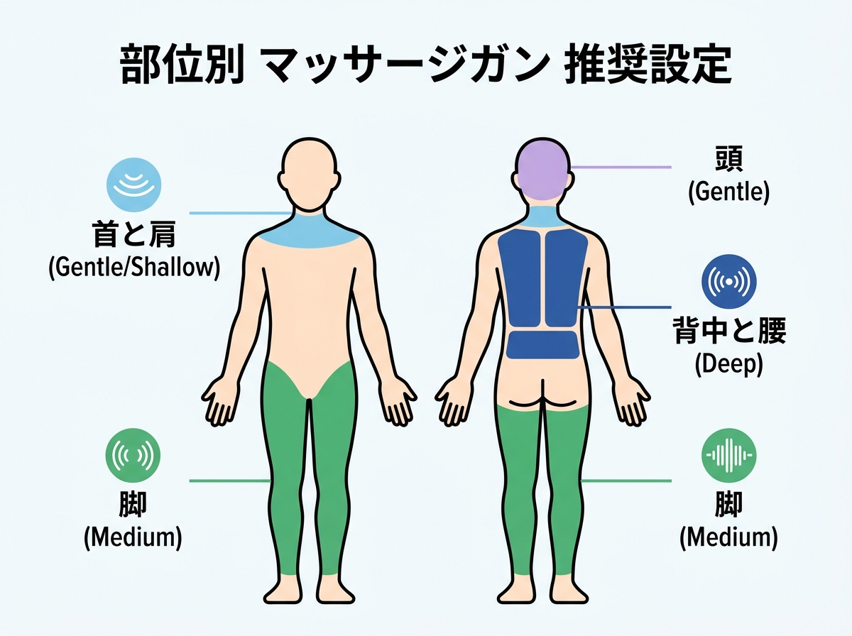 Human body diagram with recommended massage gun settings for different areas - neck and shoulders with shallow gentle settings, back and waist with deeper settings, legs with medium settings, and head with gentle settings
