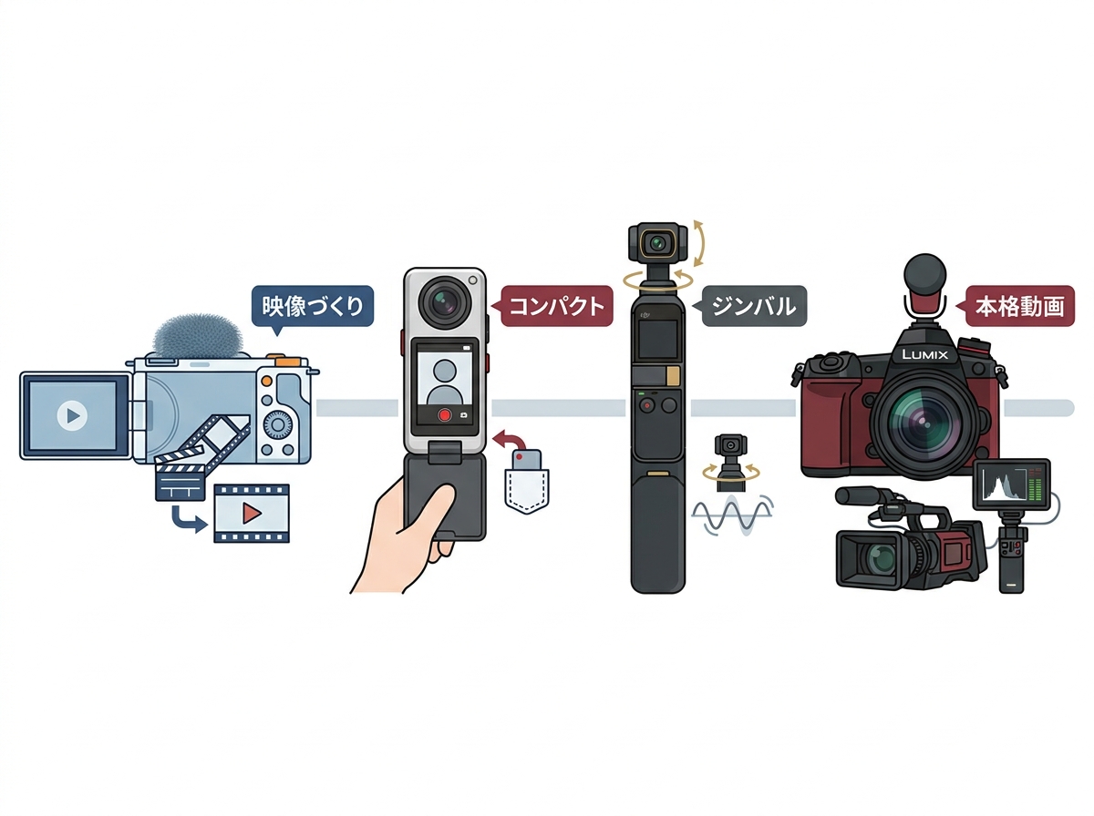 Flat design comparison illustration of four camera types arranged in sequence - Sony VLOGCAM labeled "映像づくり", Canon PowerShot V10 labeled "コンパクト", DJI Osmo Pocket 3 labeled "ジンバル", Panasonic LUMIX labeled "本格動画", showing their distinct shapes and highlighting each system's primary strength