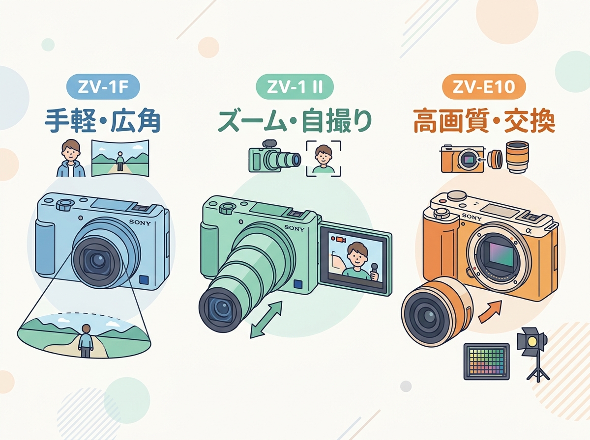Flat design illustration displaying three Sony VLOGCAM models side by side - ZV-1F labeled "手軽・広角", ZV-1 II labeled "ズーム・自撮り", ZV-E10 labeled "高画質・交換", each camera shown with distinctive design features highlighting their unique positioning