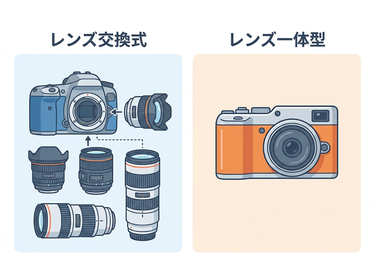 Side-by-side flat design comparison illustrating interchangeable lens camera system on the left labeled "レンズ交換式" showing camera body with multiple detachable lenses, and fixed-lens compact camera on the right labeled "レンズ一体型" showing integrated design, emphasizing structural and usage differences
