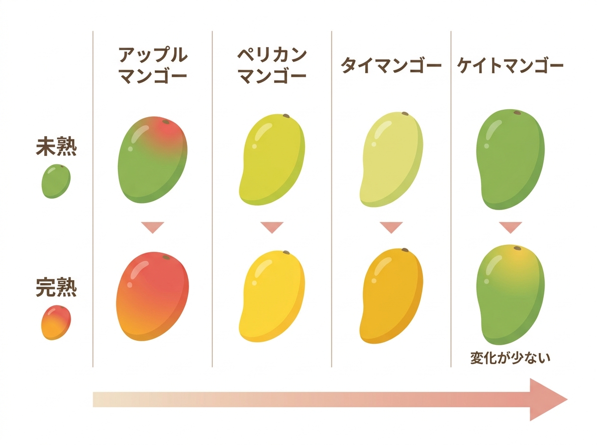Comparison chart of four mango varieties showing their color progression from unripe to ripe: Apple mango turning red, Pelican mango yellow-green to yellow, Thai mango yellow-green to deep yellow, and Keitt mango with minimal color change