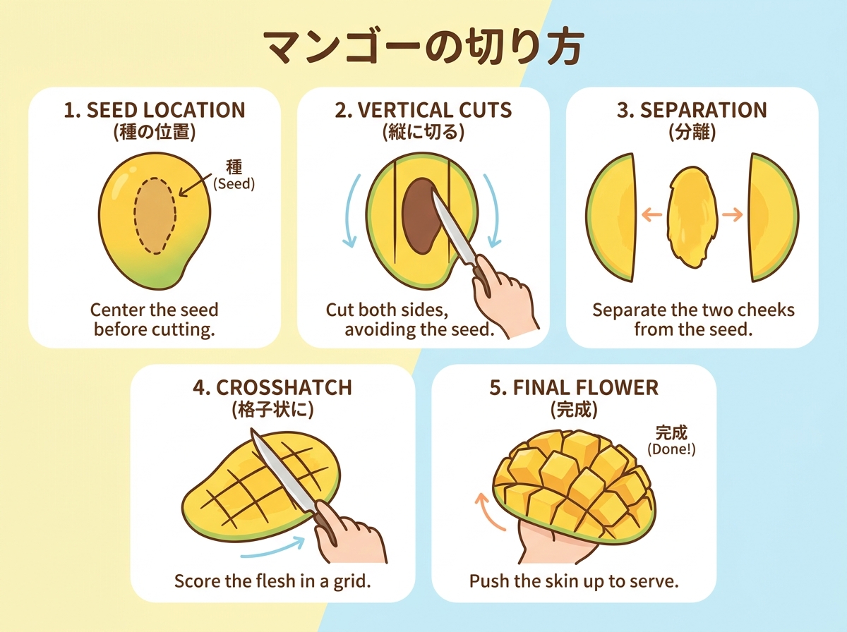 Step-by-step illustration of mango cutting technique showing seed position, making vertical cuts on both sides, three-part separation, crosshatch cutting pattern, and final flower-bloom presentation