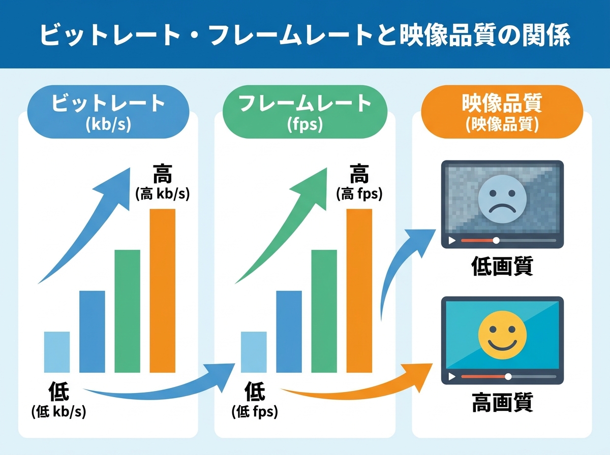 Graph illustrating the relationship between bitrate in kb/s, frame rate, and video quality in video encoding