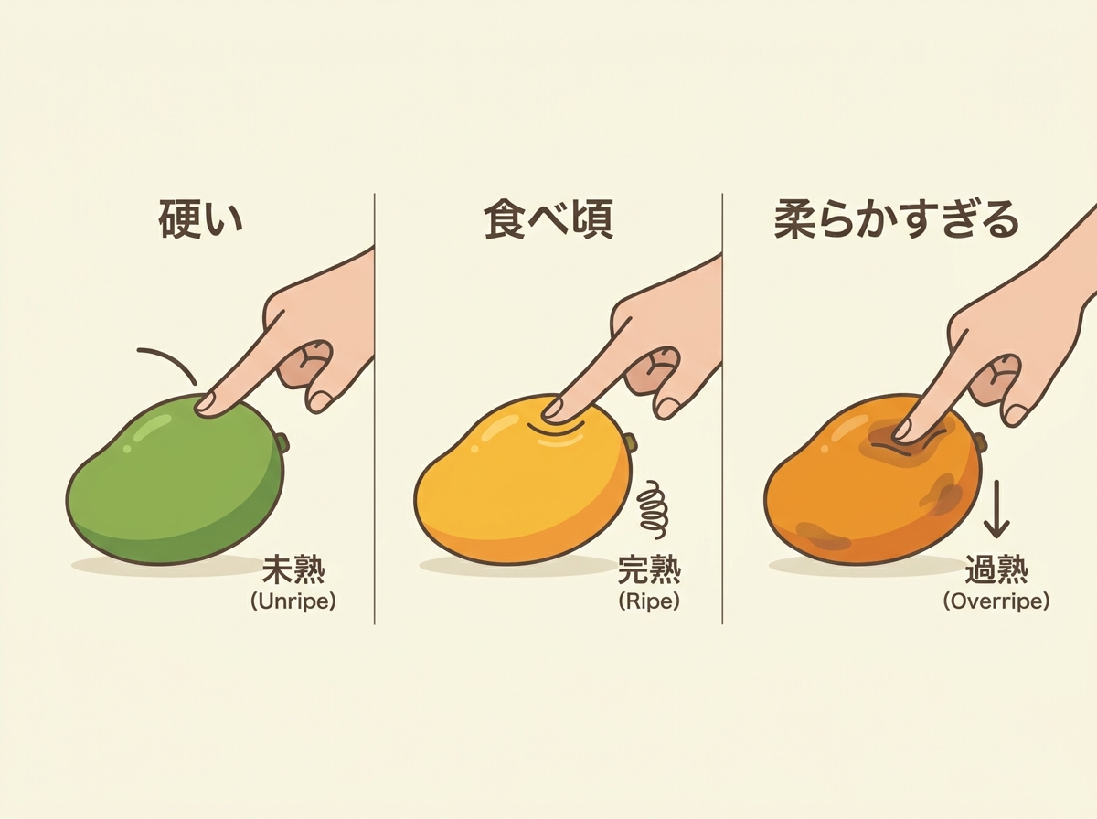 Illustration showing three stages of mango firmness with hand touch demonstration: hard mango bouncing back, ripe mango with earlobe-like elasticity, and overripe mango with soft depression