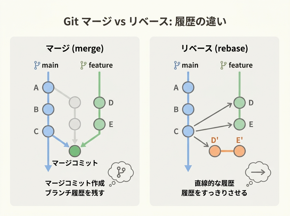 Side-by-side diagram comparing git merge (creates merge commit) and git rebase (linear history) with branching examples