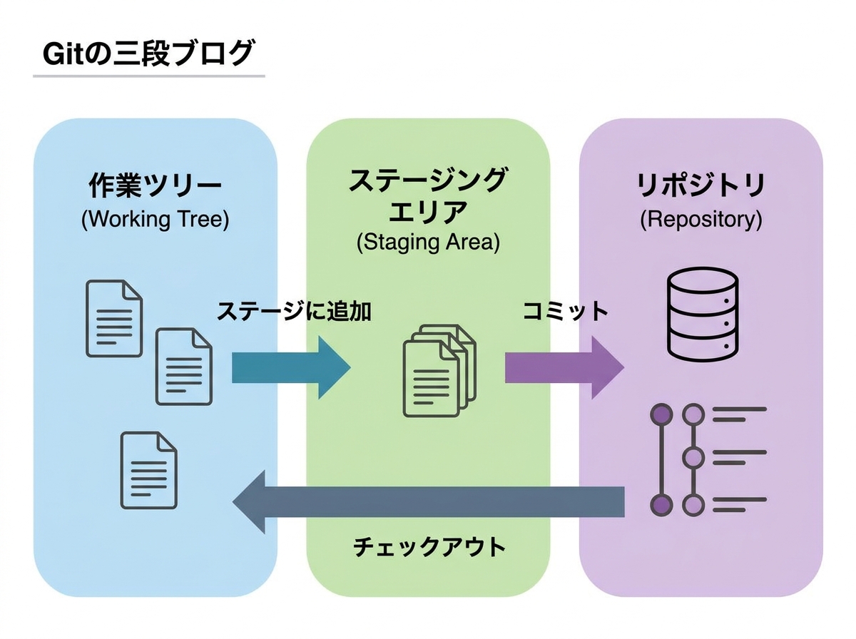Diagram showing Git's three-stage workflow: Working Tree, Staging Area, and Repository with arrows indicating file movement between stages