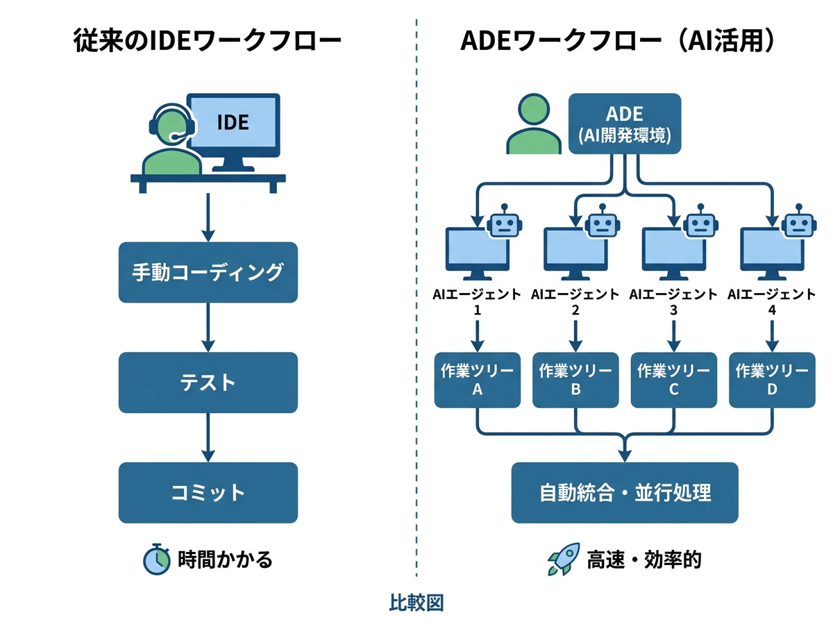 flat illustration comparing traditional IDE workflow where a developer manually codes with ADE workflow showing multiple AI agents working in parallel on separate worktrees