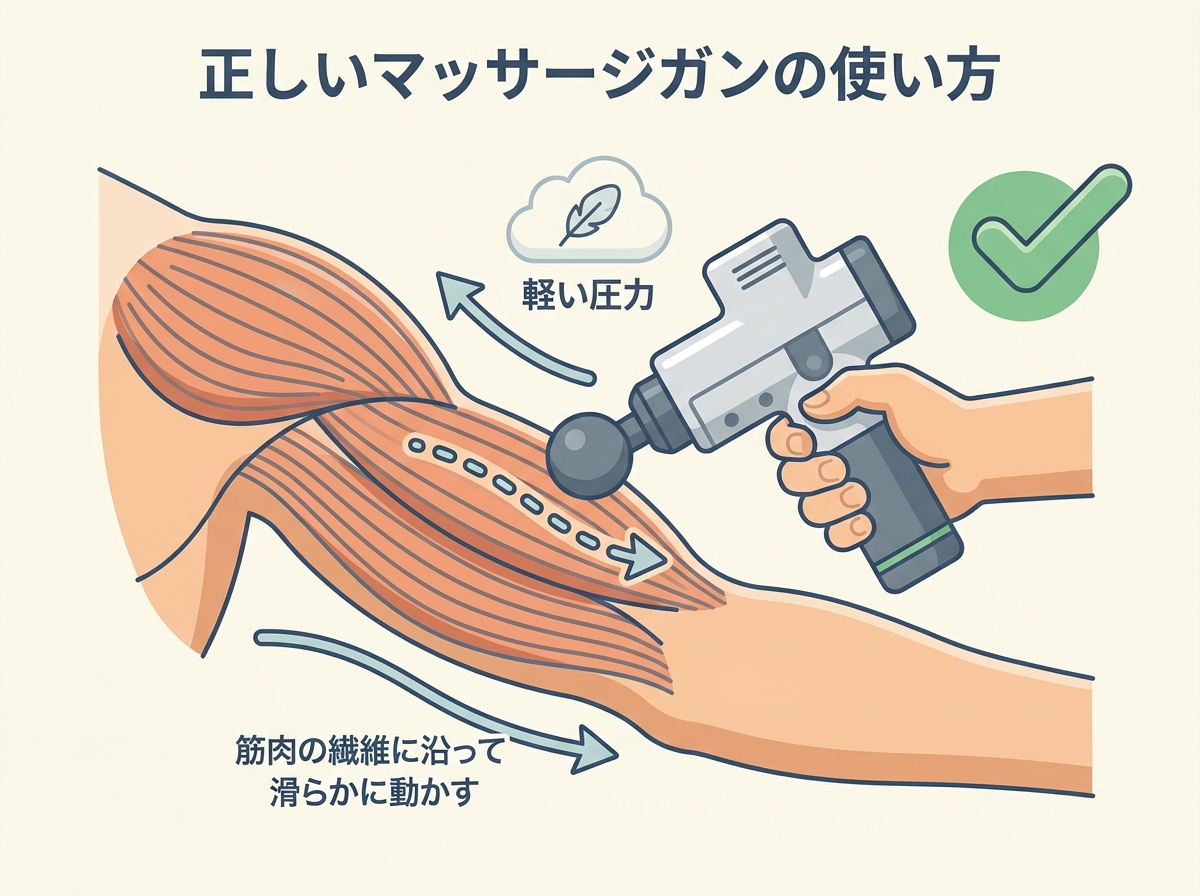 Illustration showing the correct massage gun technique with light pressure and smooth gliding motion along muscle fibers