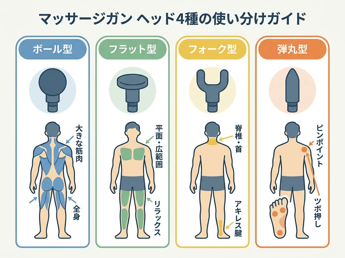 Illustration comparing the four types of massage gun heads - ball, flat, fork, and bullet - showing their specific use areas on the body
