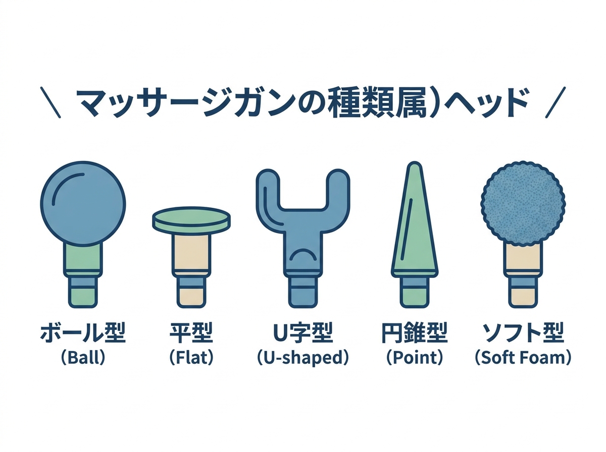 Illustration showing five massage gun attachment head types with their shapes clearly labeled: ball, flat, U-shaped, point, and soft foam