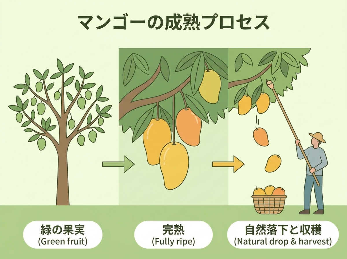 Flat illustration showing a mango tree with fruit ripening on branches and naturally dropping to be harvested, depicting the complete maturation process on the tree