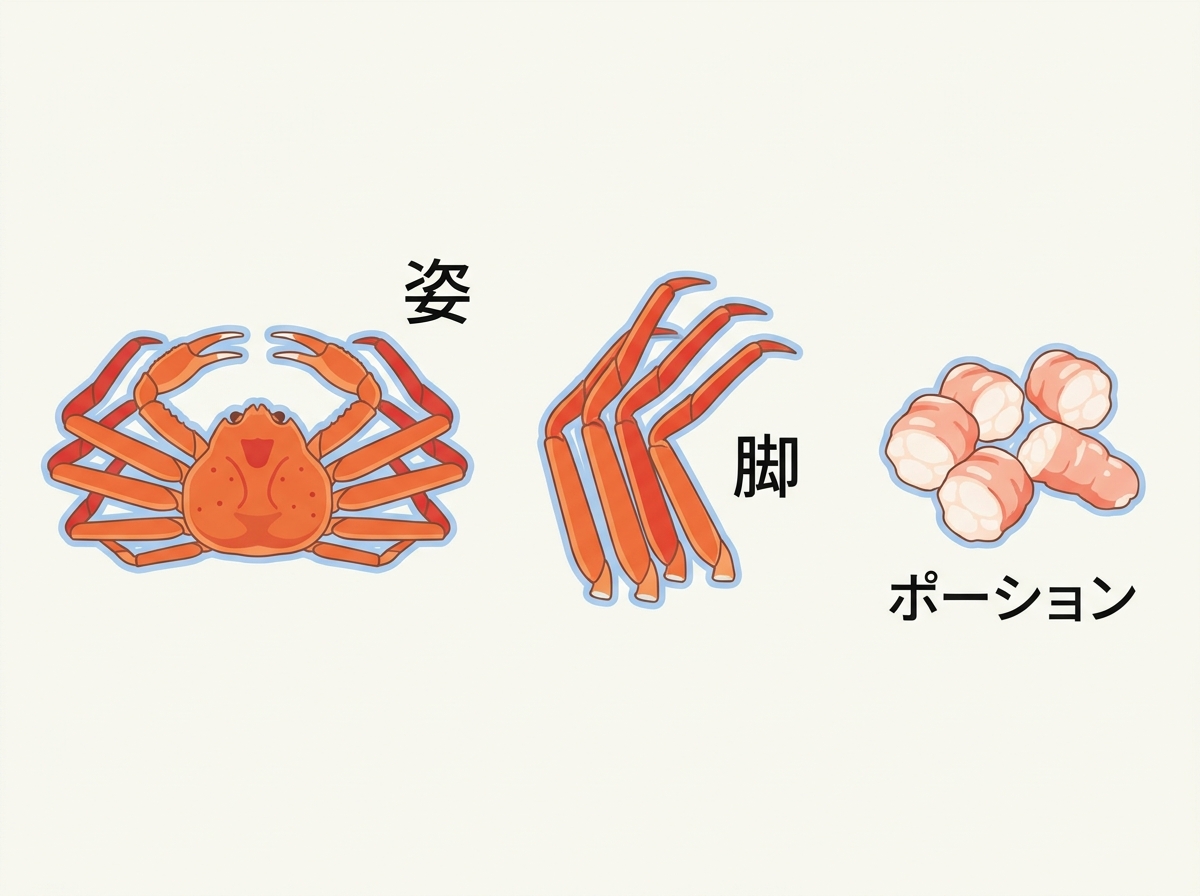flat illustration showing three forms of crab: whole crab with legs labeled "姿", separated crab legs labeled "脚", and shelled meat portions labeled "ポーション"