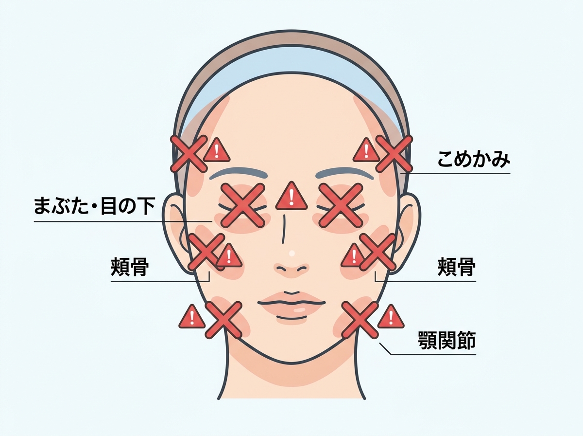 A face illustration showing danger areas to avoid when using a massage gun, with red X marks or warning symbols on: eyelids labeled "まぶた・目の下", cheekbones labeled "頬骨", temples labeled "こめかみ", and jaw area labeled "顎関節"