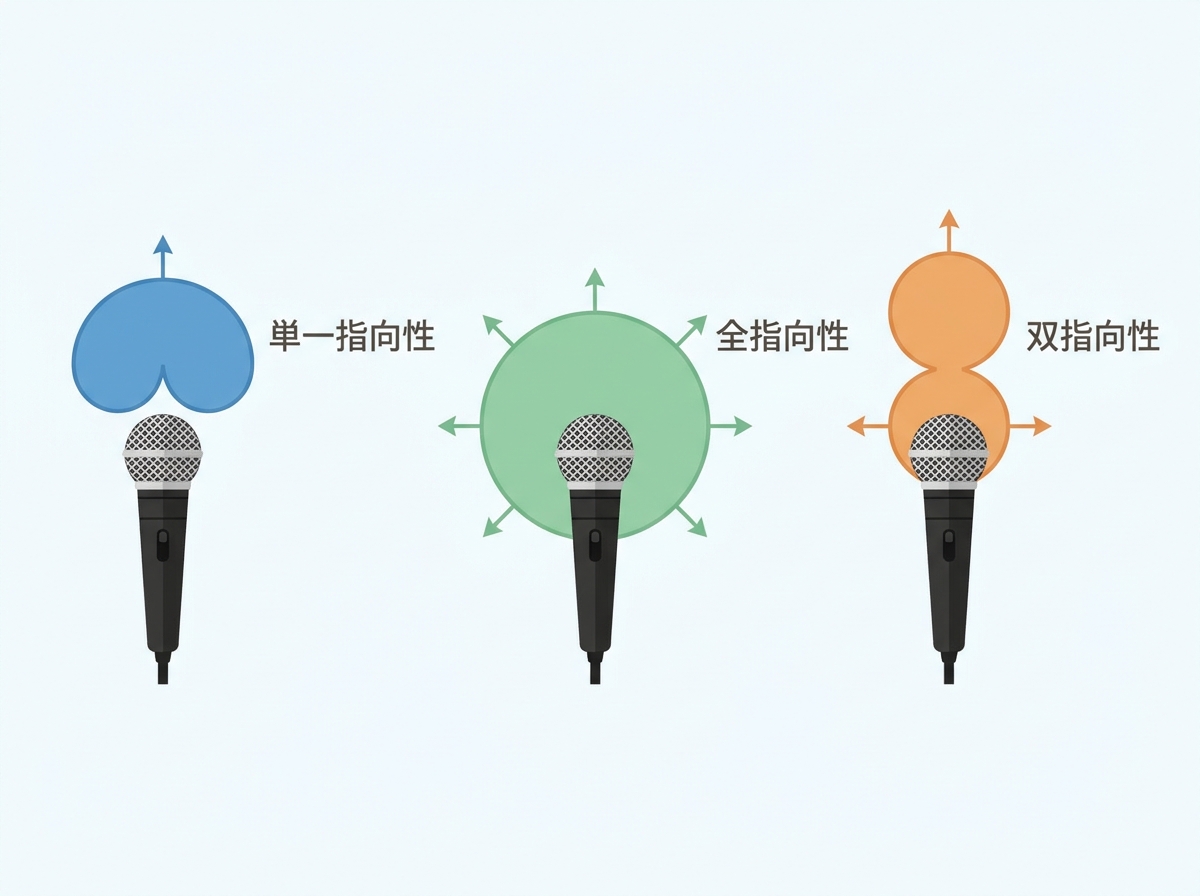 illustration of three microphone polar patterns: cardioid labeled "単一指向性", omnidirectional labeled "全指向性", and bidirectional labeled "双指向性"