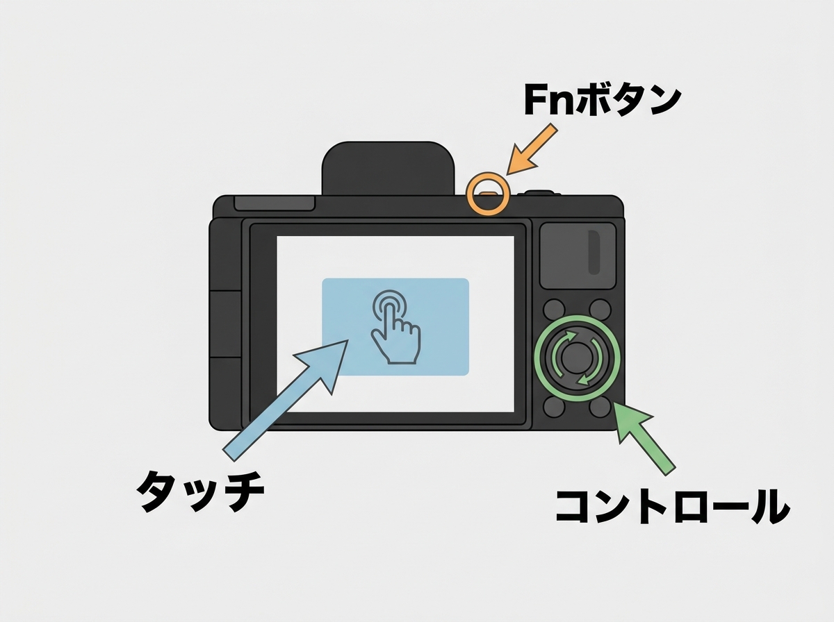 Flat illustration of ZV-1F camera controls showing three key elements: a touch screen area labeled "タッチ", an Fn button labeled "Fnボタン", and a control wheel labeled "コントロール" with arrows indicating each feature's location and purpose