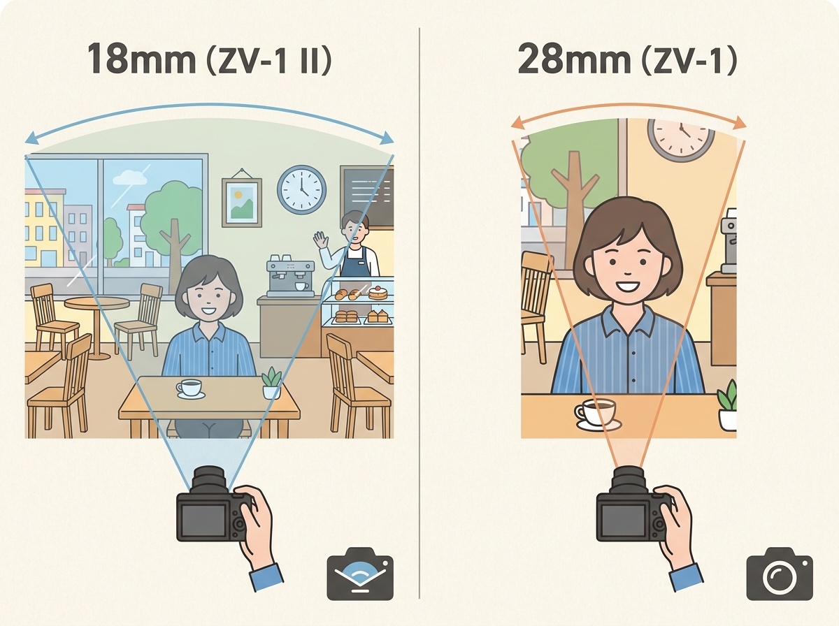 flat illustration showing field of view comparison for camera angles, 18mm wider view and 28mm narrower view of a person taking selfie in cafe, labeled "18mm(ZV-1 II)" and "28mm(ZV-1)"