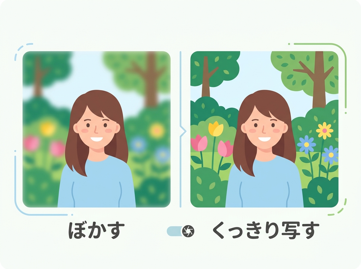flat illustration showing two side-by-side photos demonstrating the background blur button effect: left photo shows a person in sharp focus with softly blurred garden background labeled "ぼかす", right photo shows the same person and background both in sharp focus labeled "くっきり写す"