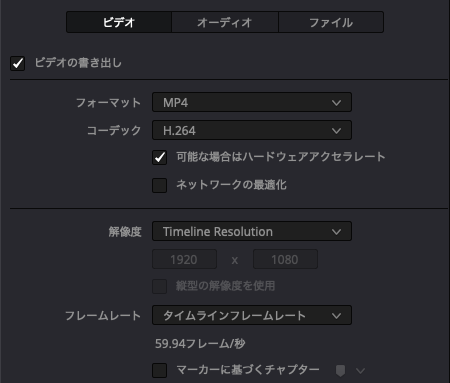 ビデオタブでフォーマットMP4、コーデックH.264を選択した画面