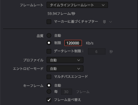 品質で制限を選び、ビットレートに120000Kb/sを入力した画面