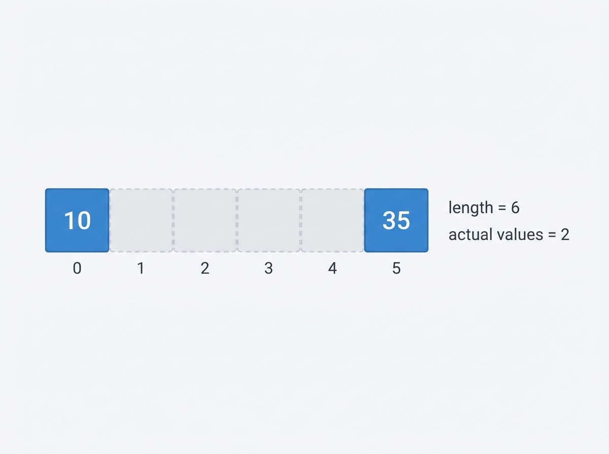 sparse JavaScript array diagram showing indices 0 to 5, with value 10 at index 0, empty slots for indices 1-4, value 35 at index 5, labeled with "length = 6" and "actual values = 2"