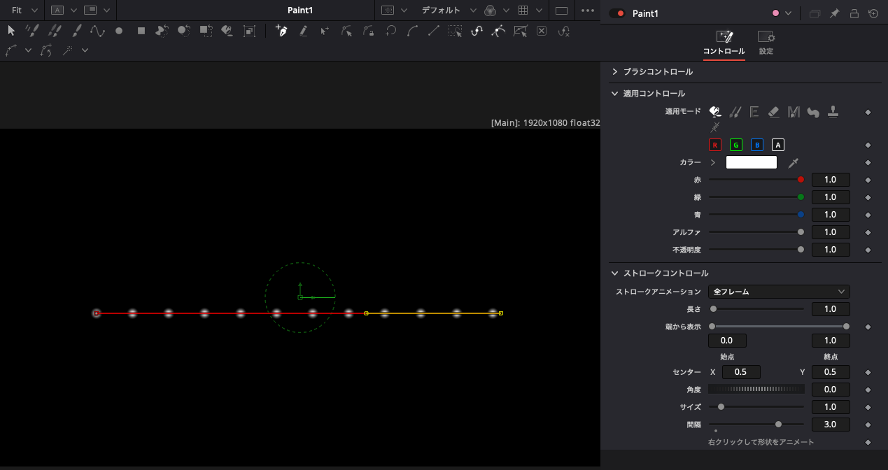 ペイントノードのPolylineStrokeで間隔を3.0にして点線にしたビューアとインスペクタ